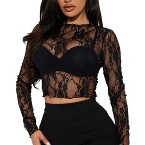 Sloan Black Lace Long Sleeve Mesh Crop Top NWT